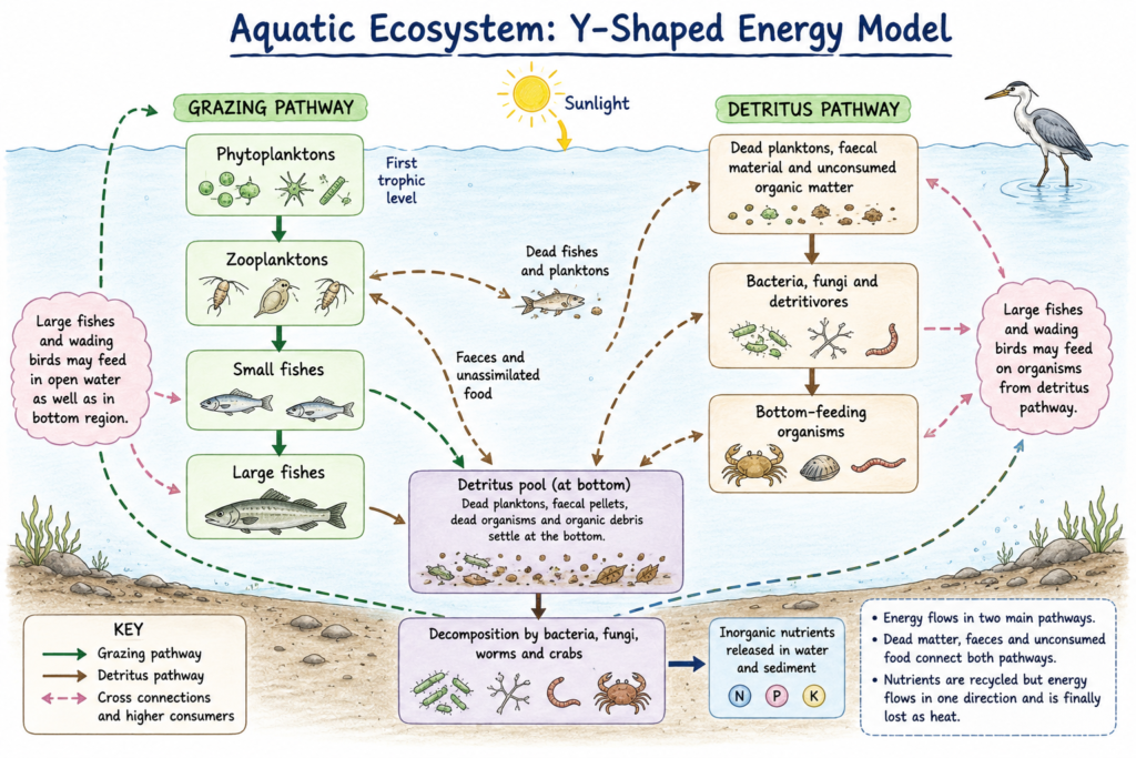Diagram showing Example of Y-Shaped Energy Model in Aquatic Ecosystem