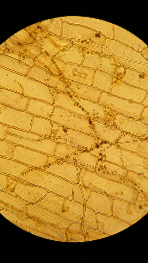 Microscopic view of onion peel cells showing fungal hyphae growing 12 Microscopic view of onion peel cells showing fungal hyphae growing -400x