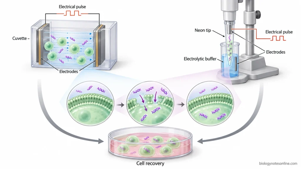 Comparison of a conventional electroporation cuvette and Neon pipette-tip chamber showing electrical pulse delivery, membrane permeabilization, and cell recovery.