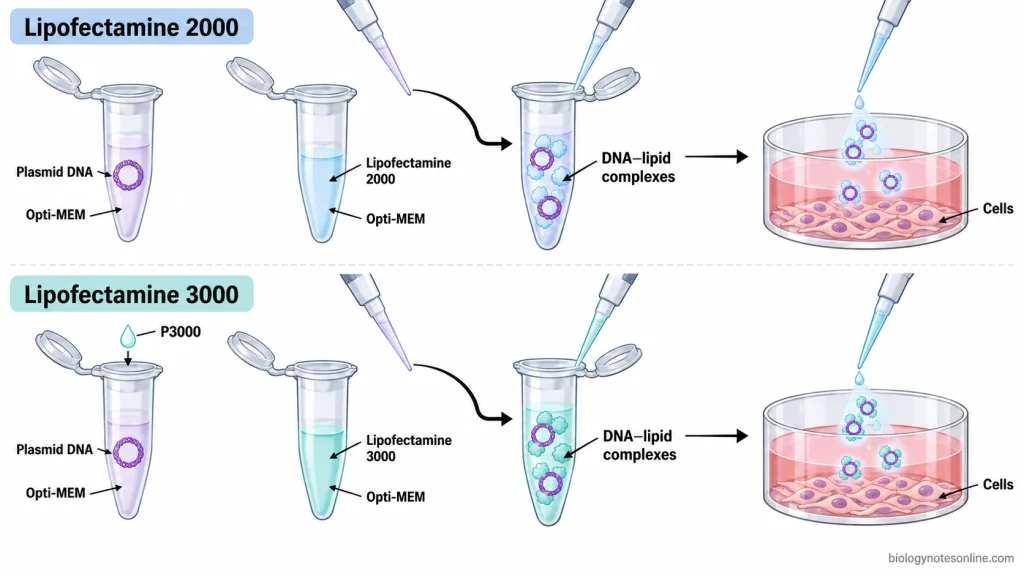 Comparison of Lipofectamine 2000 and 3000 plasmid DNA preparation, showing the additional P3000 reagent in the Lipofectamine 3000 workflow.