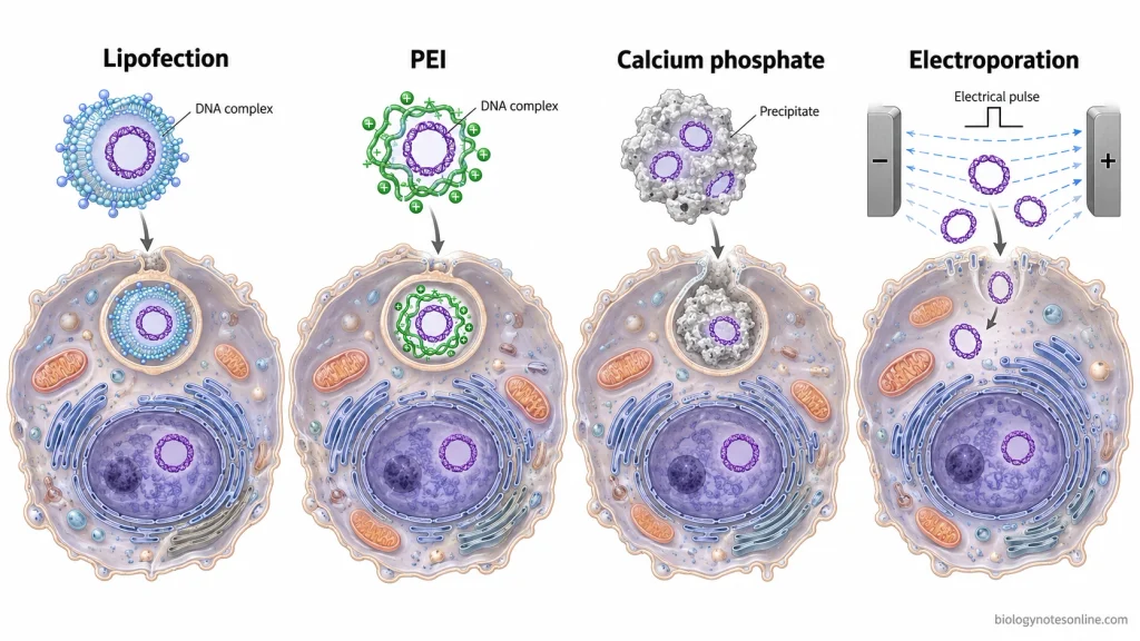 Four transfection methods showing lipid–DNA complexes, PEI–DNA complexes, calcium phosphate precipitates, and electrical delivery of DNA into cells.