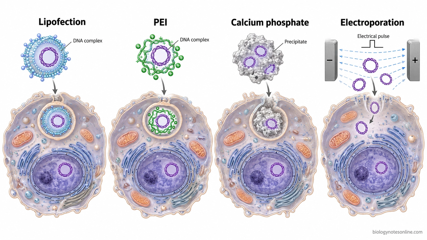 Four transfection methods showing lipid–DNA complexes, PEI–DNA complexes, calcium phosphate precipitates, and electrical delivery of DNA into cells.