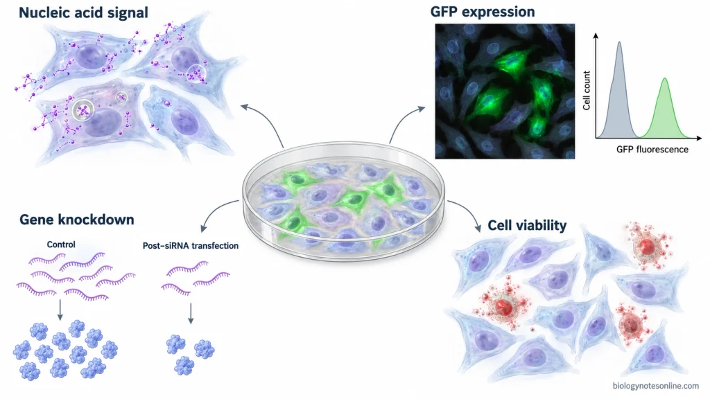 Four transfection readouts showing labeled nucleic acid, GFP reporter expression, target gene knockdown, and viable versus nonviable cells.
