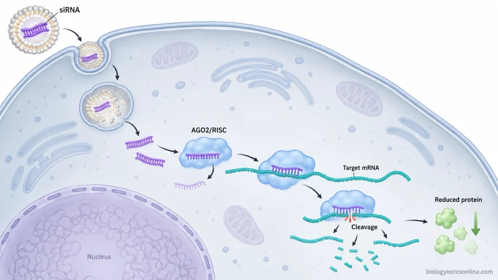 siRNA enters a cell through lipid-mediated delivery, loads into AGO2/RISC, and guides cleavage of complementary target mRNA, reducing protein expression.