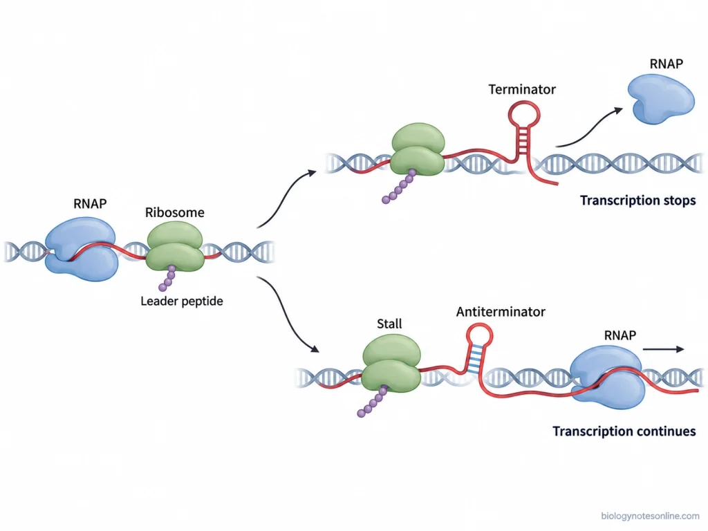 Coupled bacterial transcription and translation showing how ribosome movement or stalling changes RNA folding to produce a terminator or antiterminator.