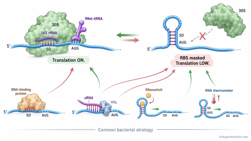 Bacterial mRNA showing exposed versus masked ribosome-binding sites and regulation by RNA structure, RNA-binding proteins, sRNAs, riboswitches, and RNA thermometers.