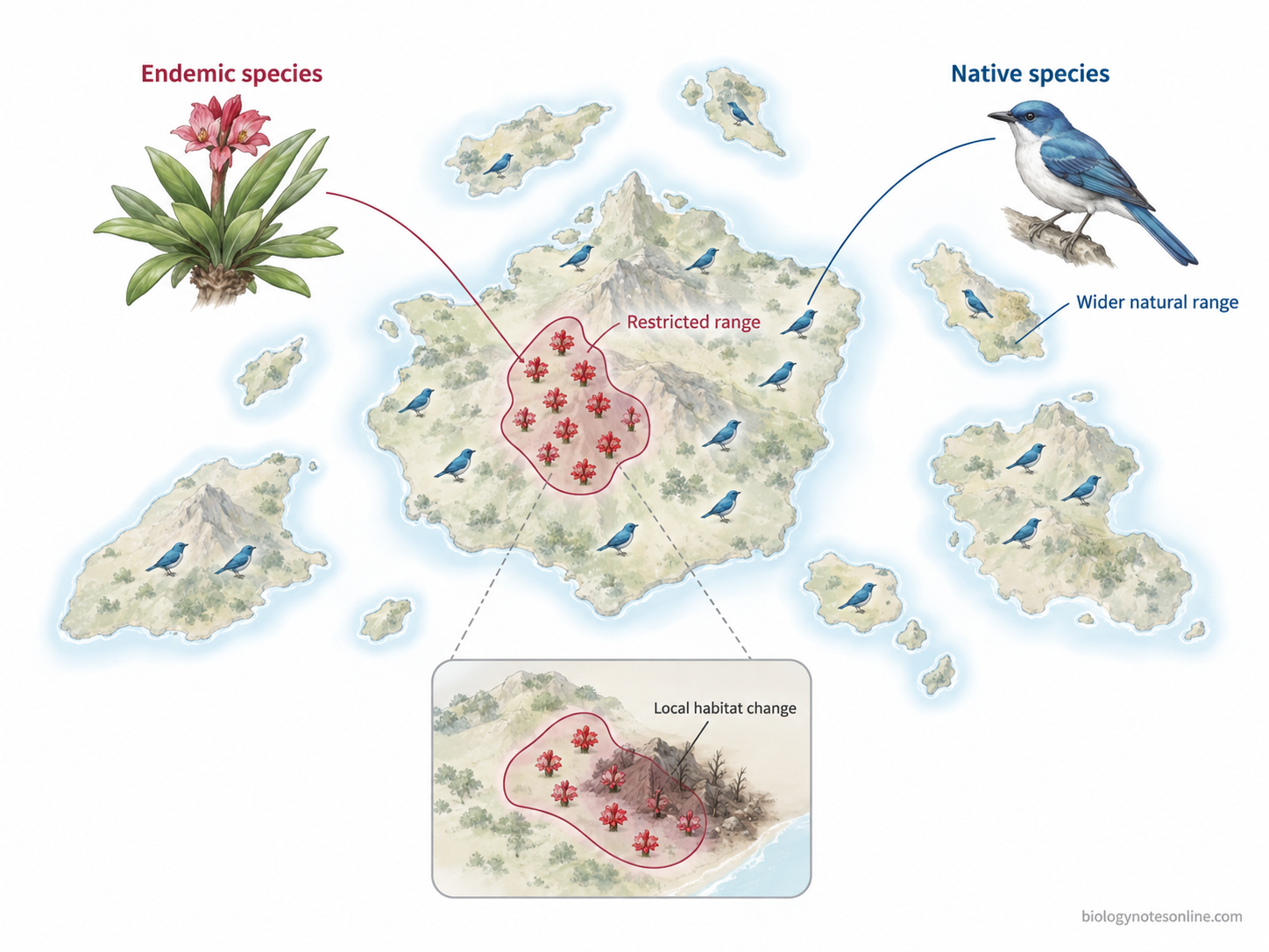 Biogeographic diagram showing an endemic species restricted to one region and a native species naturally distributed in that region and elsewhere.