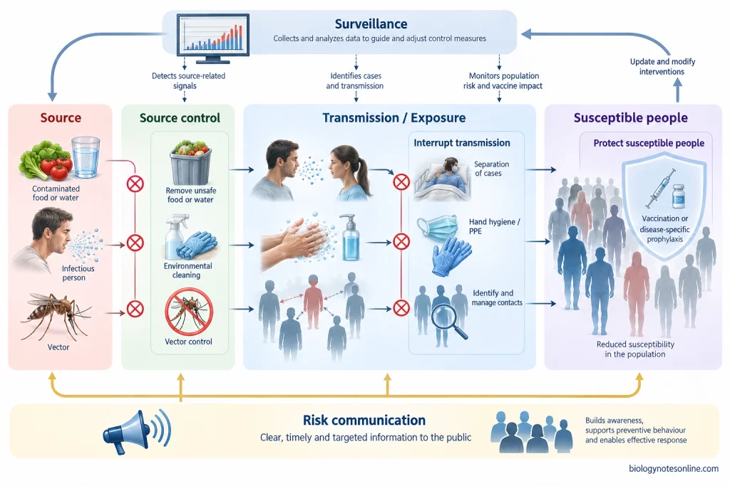 Diagram showing epidemic-control measures acting at the disease source, transmission pathway, and susceptible population, supported by surveillance and risk communication.