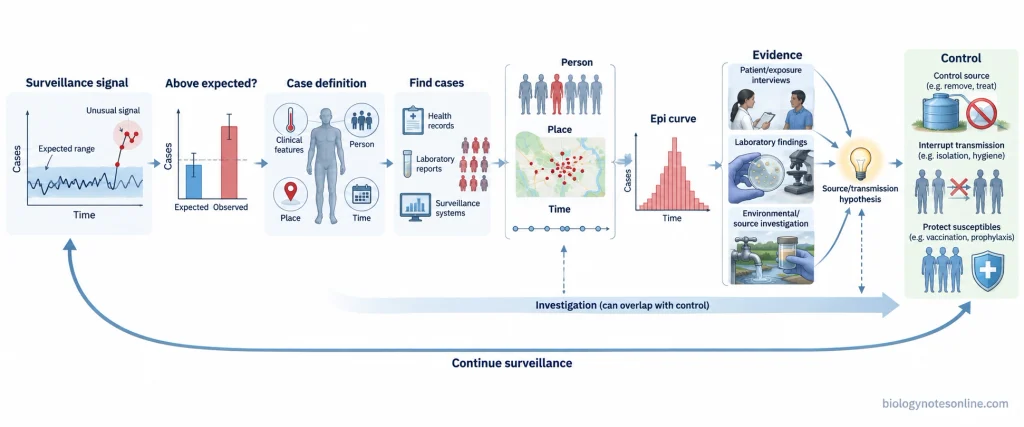 Workflow showing surveillance detection, comparison with expected disease levels, case definition and finding, person-place-time analysis, epidemic curves, supporting evidence, control, and continued surveillance.