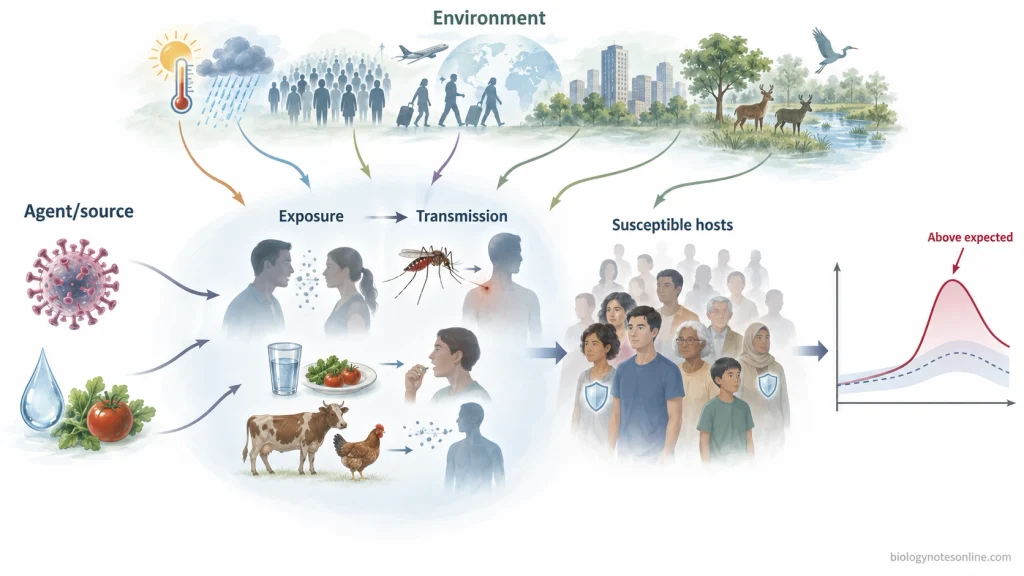 Scientific schematic showing how changes in disease agents, exposure, transmission, susceptible hosts, and environmental conditions can increase disease above expected levels.
