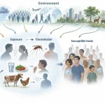 Scientific schematic showing how changes in disease agents, exposure, transmission, susceptible hosts, and environmental conditions can increase disease above expected levels.