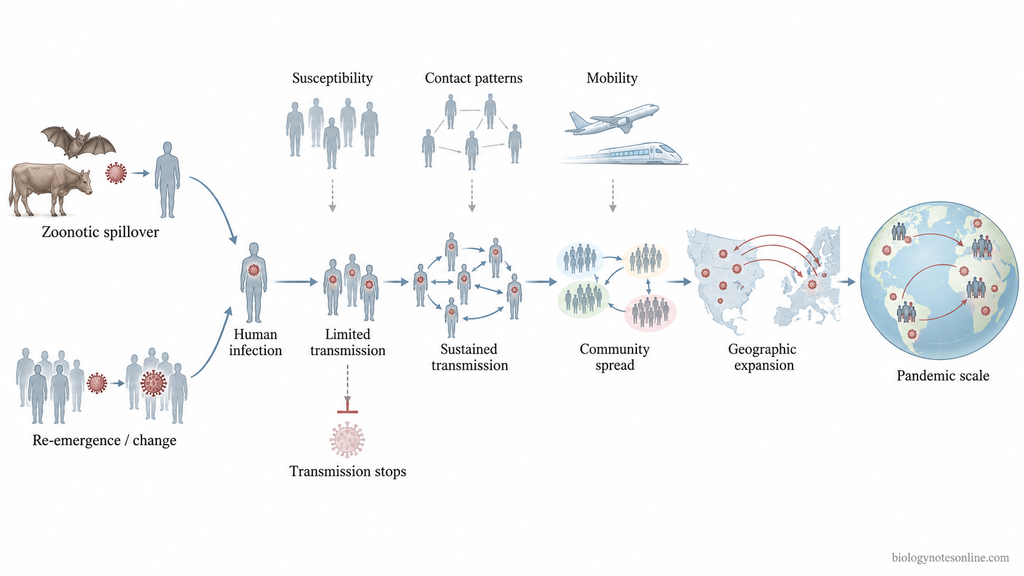 Pandemic: Definition, Spread, Examples, and Prevention 2 Pathway showing pathogen emergence, limited infections, sustained human-to-human transmission, community spread, and expansion across countries to pandemic scale.