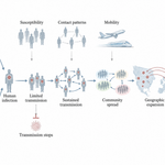 Pathway showing pathogen emergence, limited infections, sustained human-to-human transmission, community spread, and expansion across countries to pandemic scale.