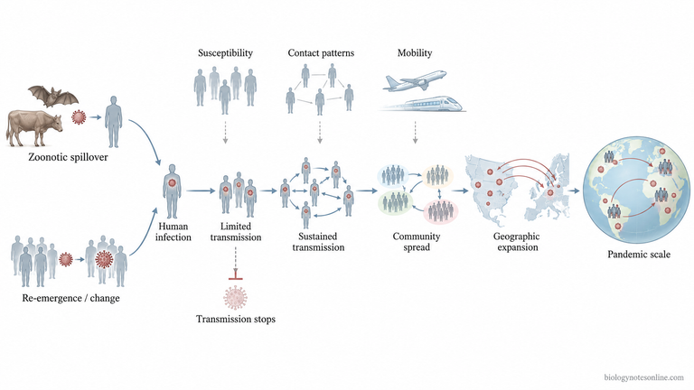 Pathway showing pathogen emergence, limited infections, sustained human-to-human transmission, community spread, and expansion across countries to pandemic scale.