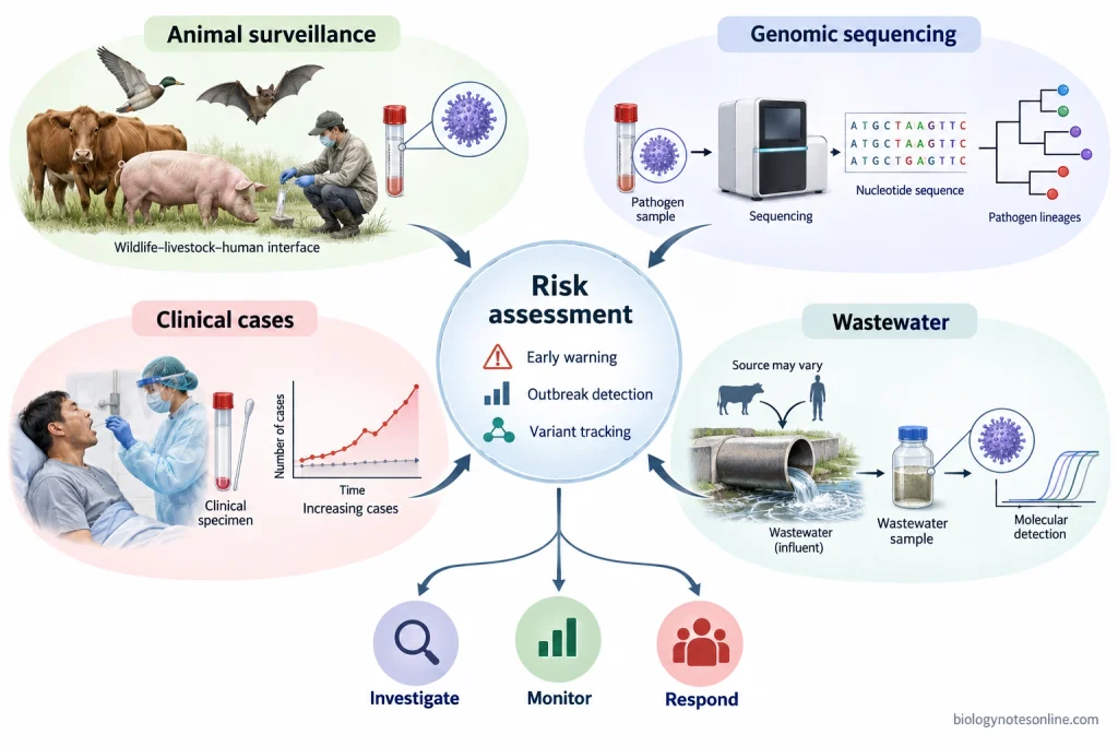 Pandemic: Definition, Spread, Examples, and Prevention 5 Integrated surveillance diagram showing animal, clinical, genomic, and wastewater monitoring feeding into infectious-disease risk assessment and early warning.