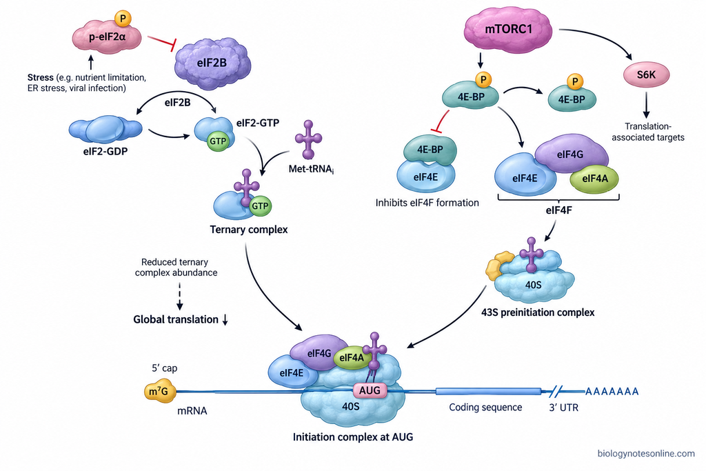 Eukaryotic translation initiation diagram showing eIF2–eIF2B control of ternary-complex formation and mTORC1–4E-BP regulation of eIF4F assembly.