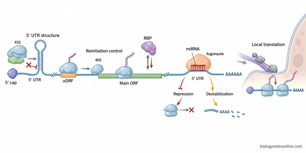 Eukaryotic mRNA showing translational regulation by 5′ UTR structures, upstream ORFs, RNA-binding proteins, microRNAs, and localized translation.
